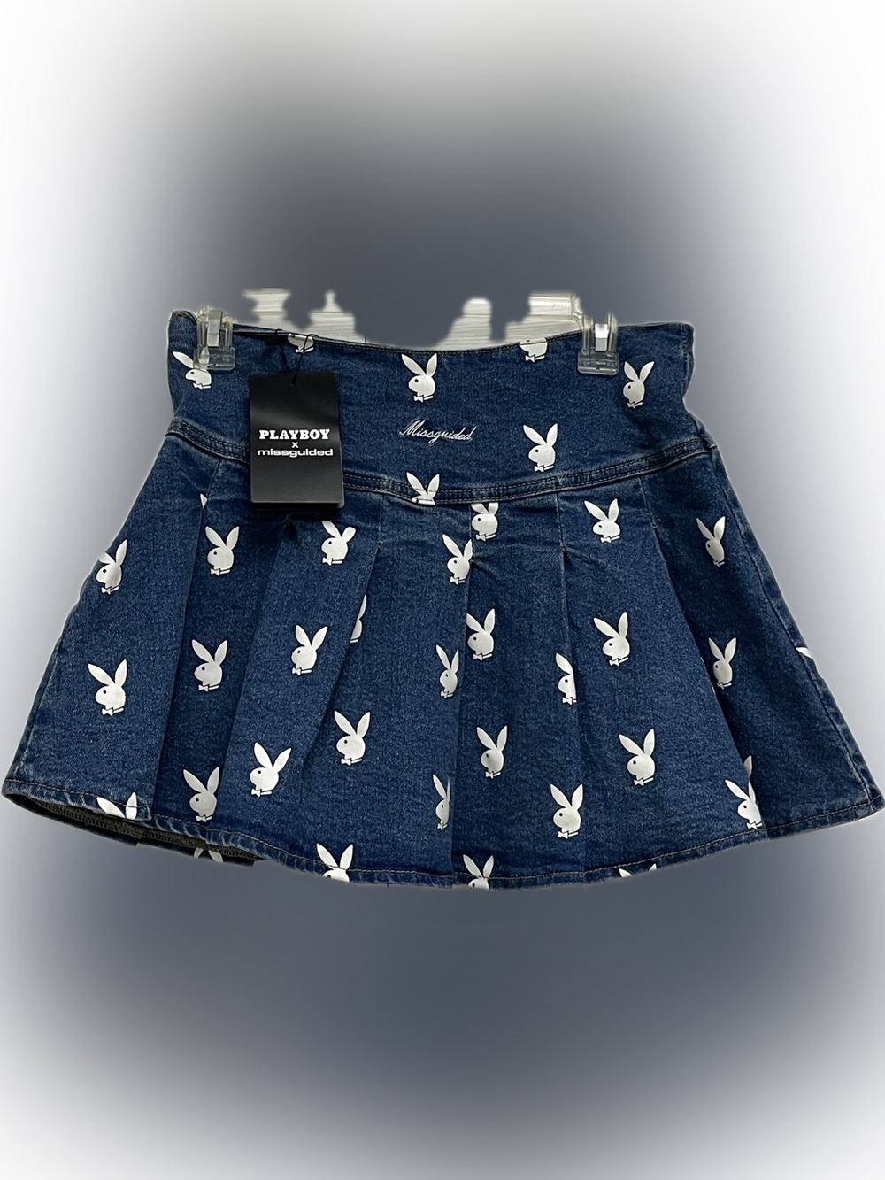 PLAYBOY Navy Blue Denim Pleated Mini Skirt with White Bunny Print
